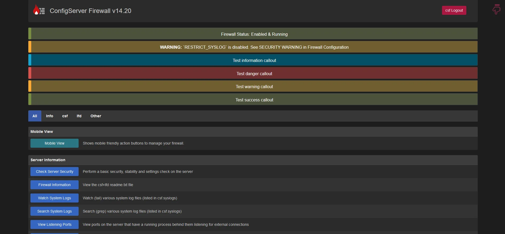CSF and LFD firewall administration interface hardened by DCSF